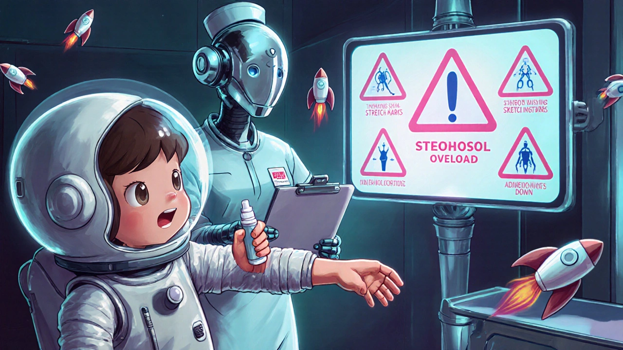 A child in a spacesuit applies medicine as a robot nurse warns of side effects in a sci-fi pediatric room.