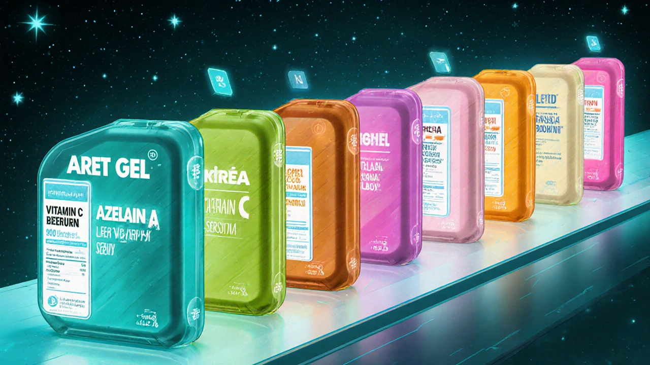 A retro‑futuristic shelf displaying various retinoid products with colorful holographic labels.
