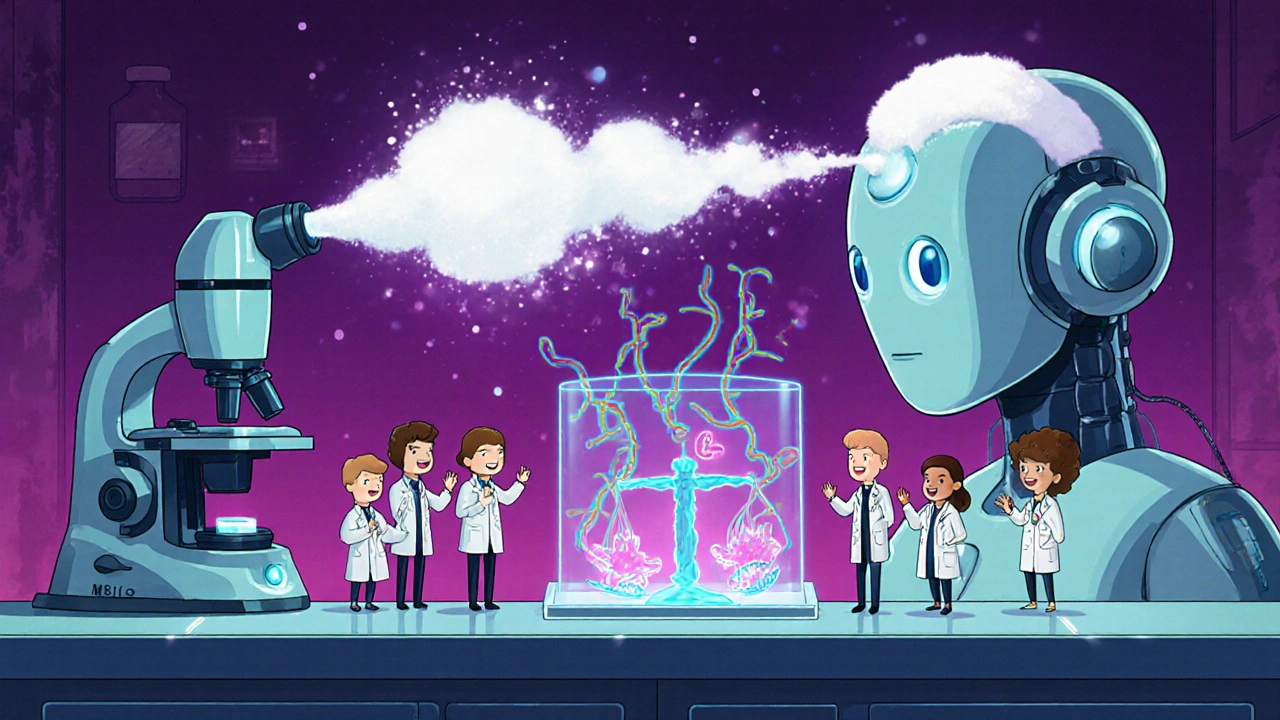 A robot administers glowing minoxidil to hair follicles that grow like vines, while two pills compete on a hologram.