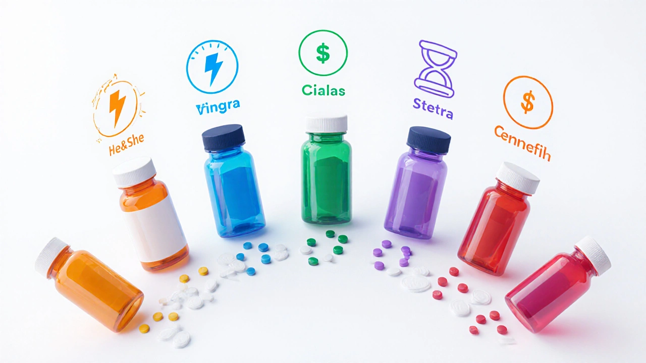Array of different ED medication tablets with visual icons indicating onset and duration.
