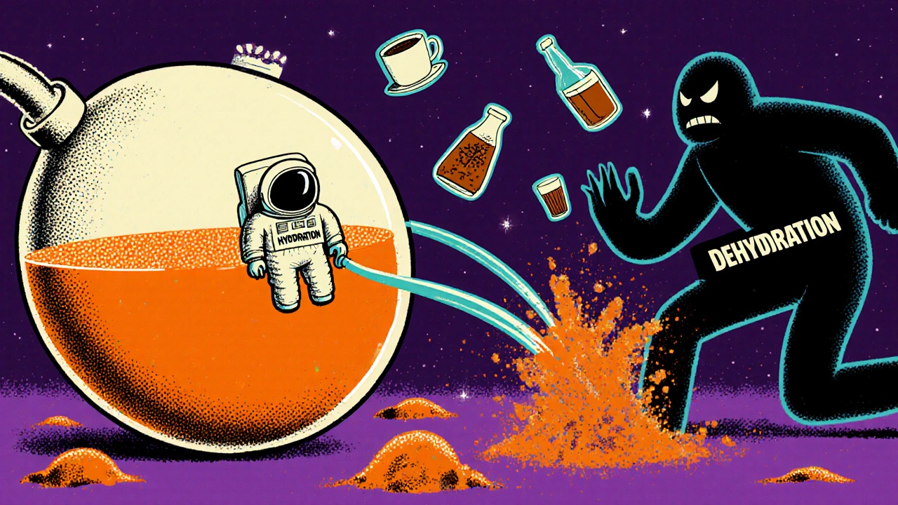 Astronaut diluting orange urine in a bladder while dehydration fades