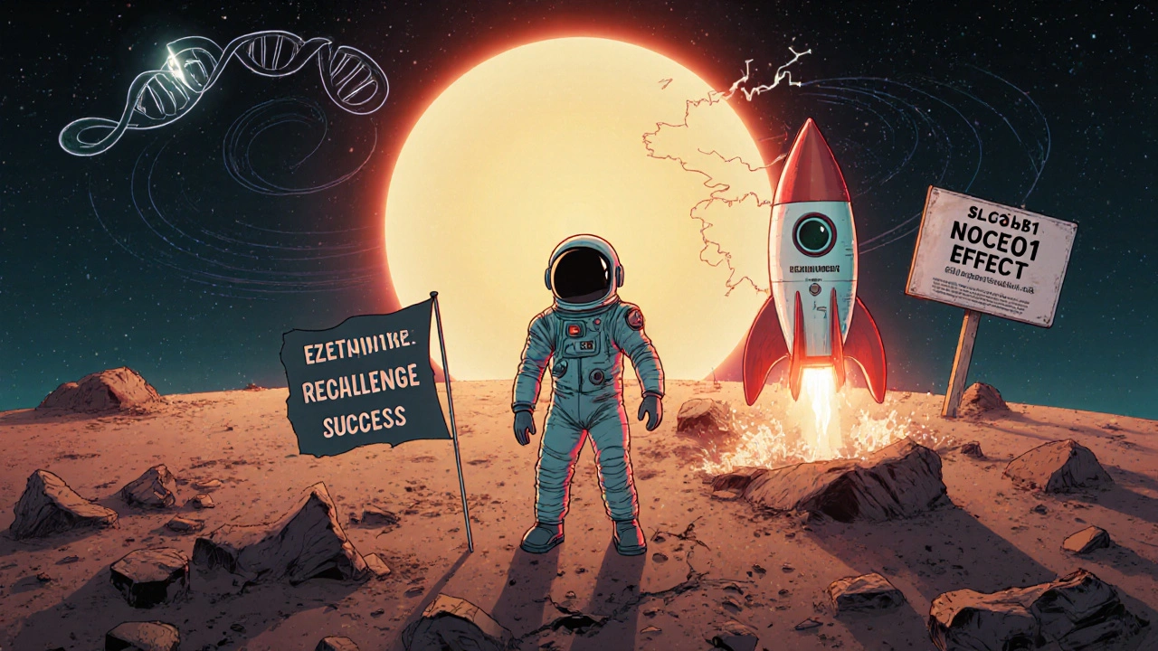 Astronaut plants 'Rechallenge Success' flag on crumbling 'Statin Intolerance' planet while heart-protecting rockets launch.