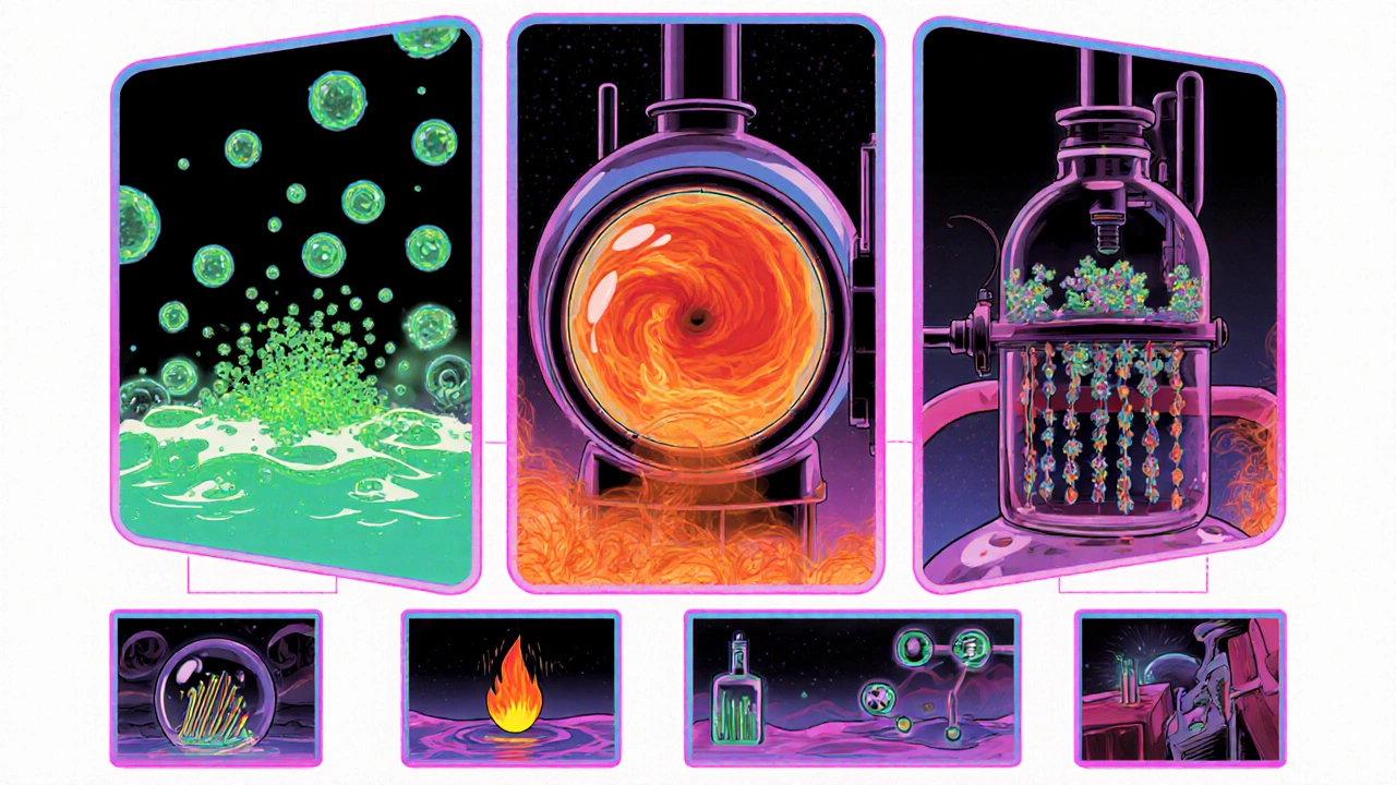 Cartoon panel depicting sol‑gel, hydrothermal, and micro‑emulsion synthesis of nanoparticles with drug, vaccine, catalyst, and sensor icons.