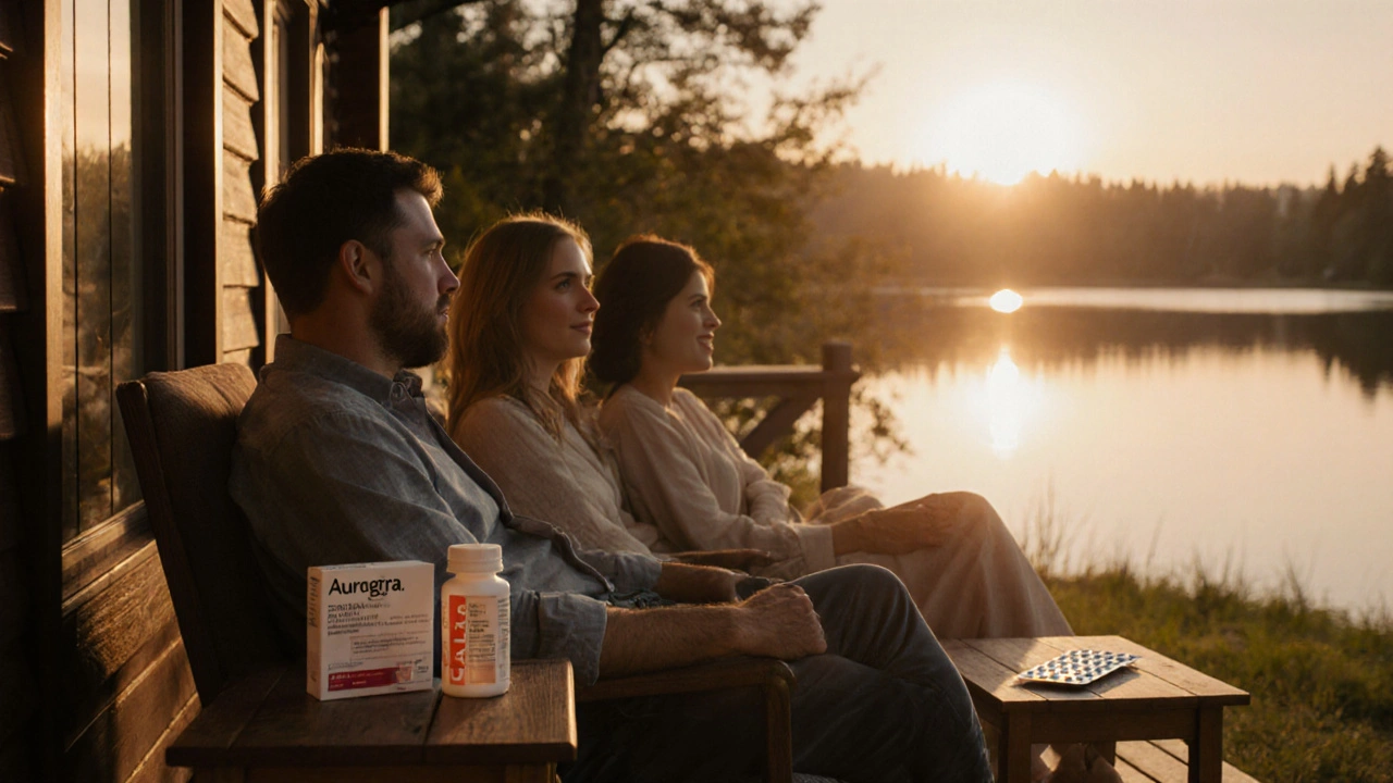 Couple on a balcony at sunset with Aurogra bottle and Cialis pack indicating medication choice.