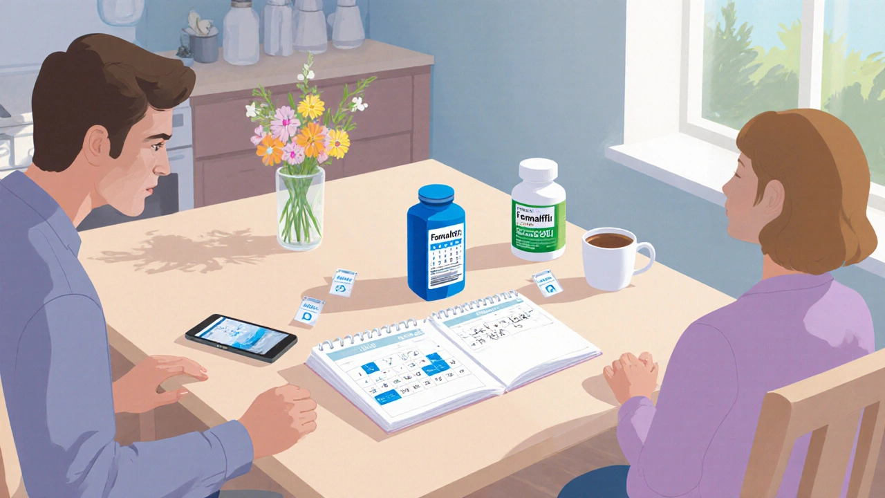 Couple reviewing daily and on‑demand ED pills with calendar and price notes.