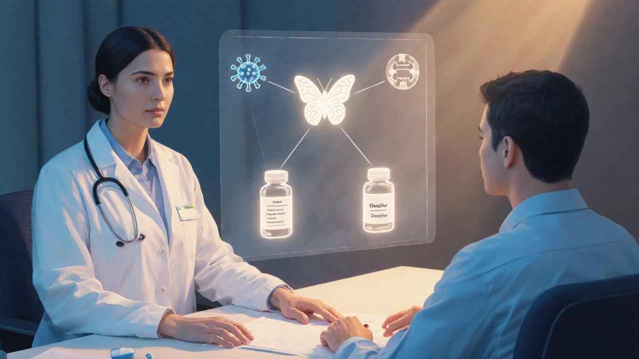 Doctor and patient viewing a holographic chart linking disease icons to medication bottles.