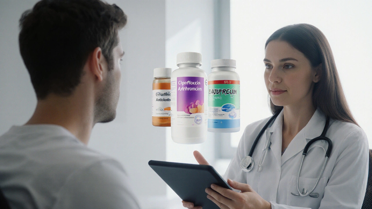 Doctor discussing antibiotic options with patient, pills floating on tablet screen.
