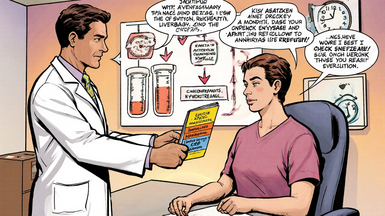 Doctor giving counseling pamphlet to patient with step‑by‑step interaction chart in comic art.