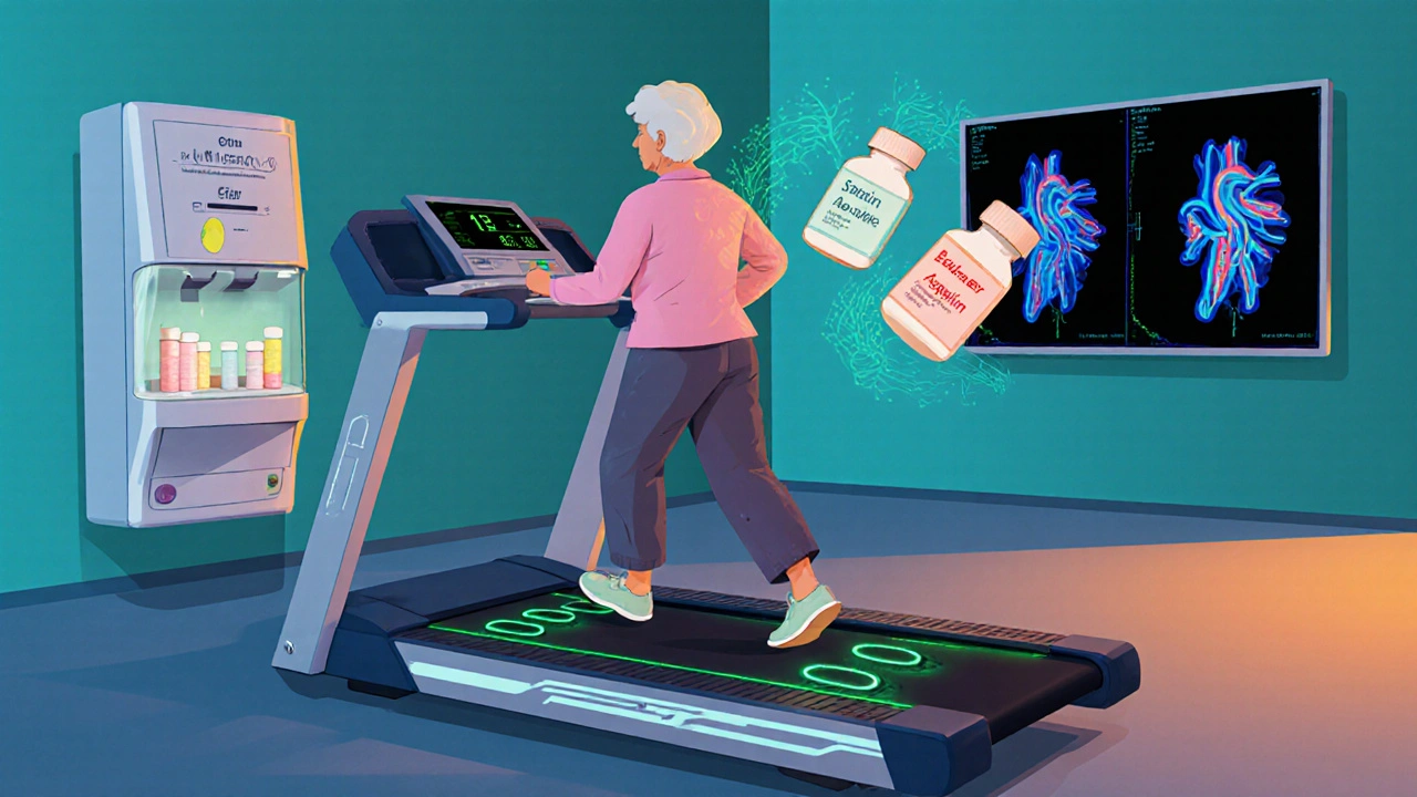 Elderly woman does low‑impact treadmill rehab while futuristic med dispenser and CT scan display surround her.
