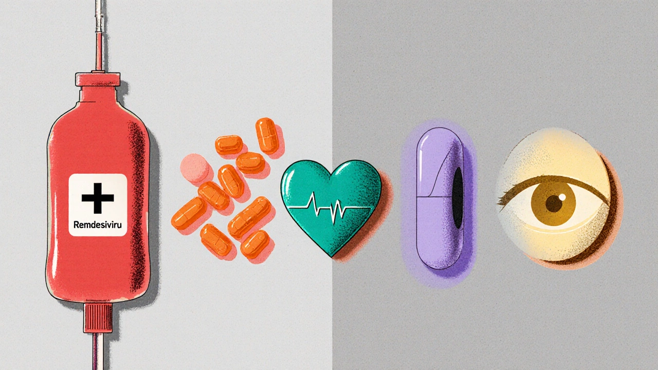Five drug representations (remdesivir IV bag, doxycycline capsules, azithromycin tablet, ivermectin tablet, chloroquine tablet) with risk color cues.