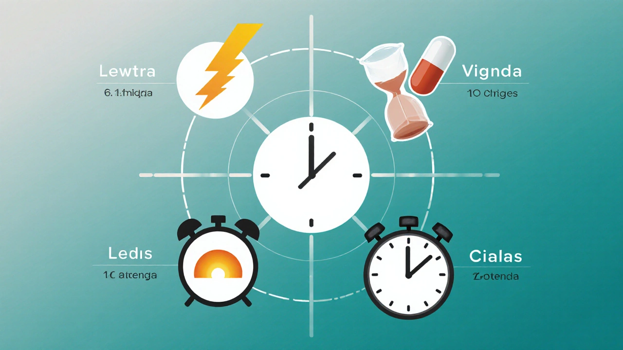 Four pill icons around a clock showing fast, moderate, and long durations.