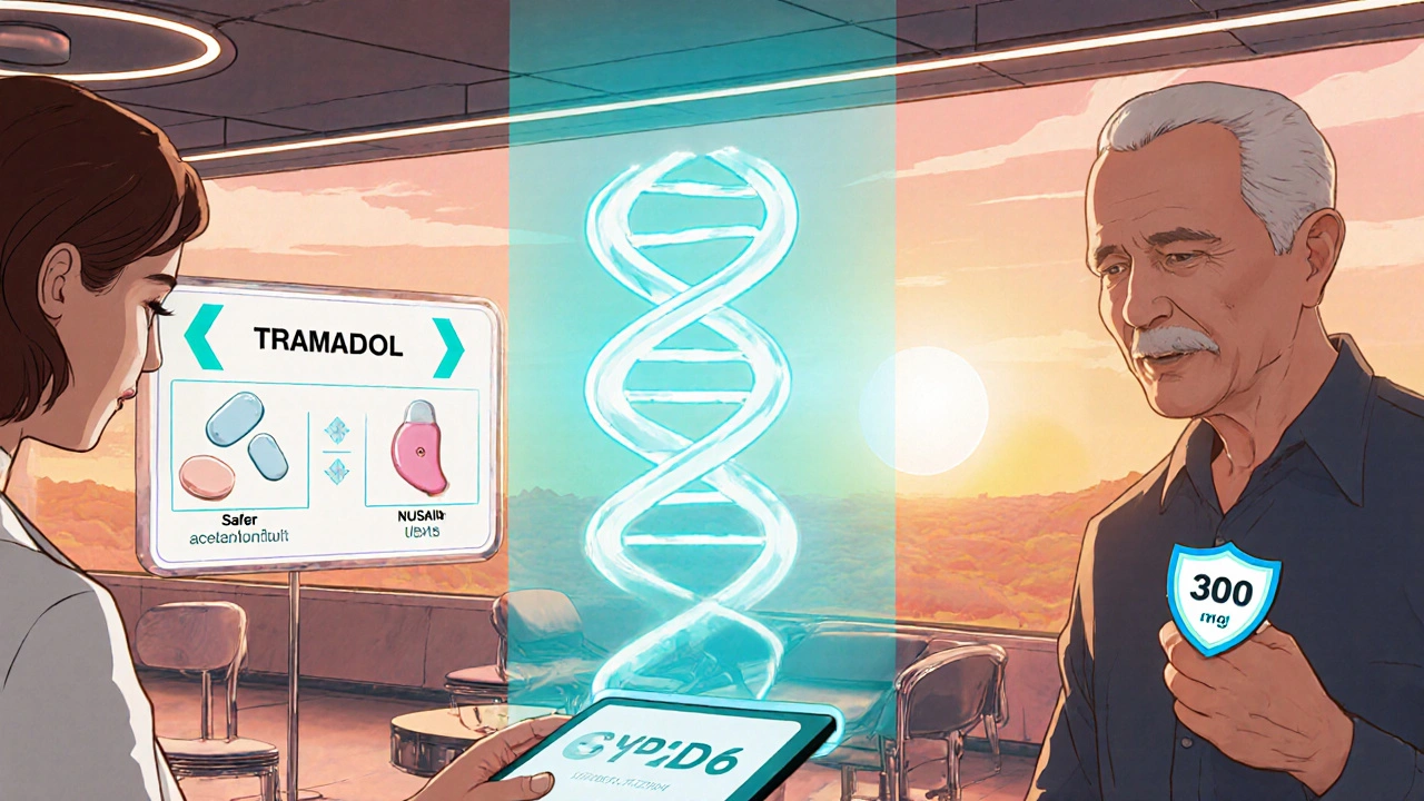 Future clinic where clinician runs CYP2D6 test and shows safer pain‑relief options.