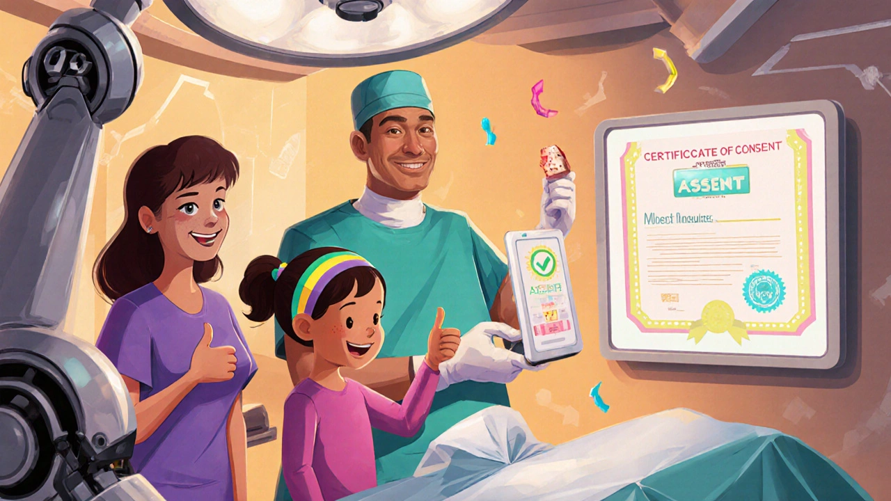 Futuristic operating room with surgeon, happy child Emily, mother, and digital consent checkmark.