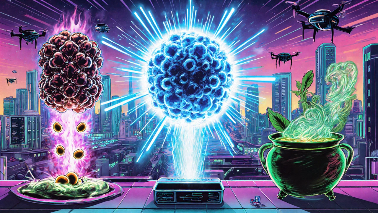 Futuristic scene of hybrid Al(OH)₃ nanoparticles combined with graphene and plant extracts powering green nanotech.