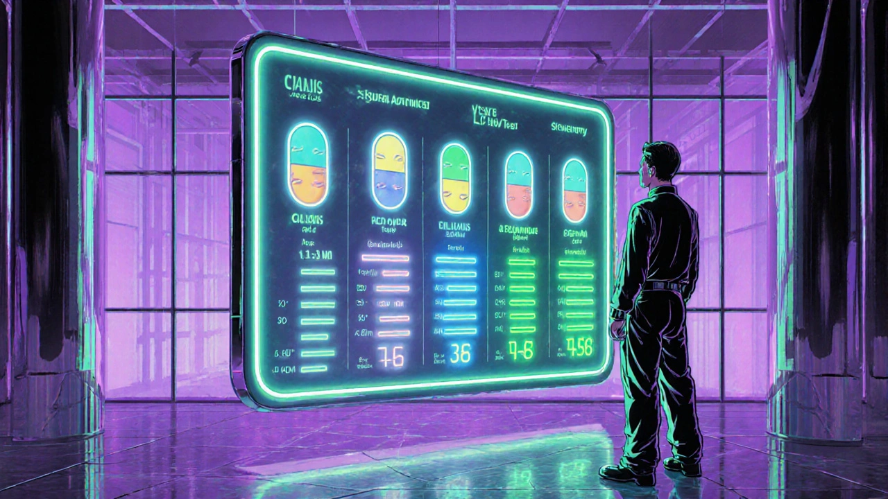 Holographic board comparing onset, duration, and price of various ED medications.