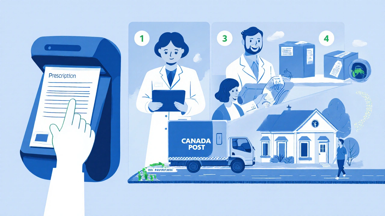 Illustrated workflow of uploading a prescription, pharmacist review, packaging, and delivery.