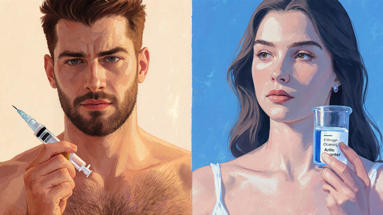 Illustration contrasting trans man testosterone effects with trans woman estrogen and anti‑androgen treatment.
