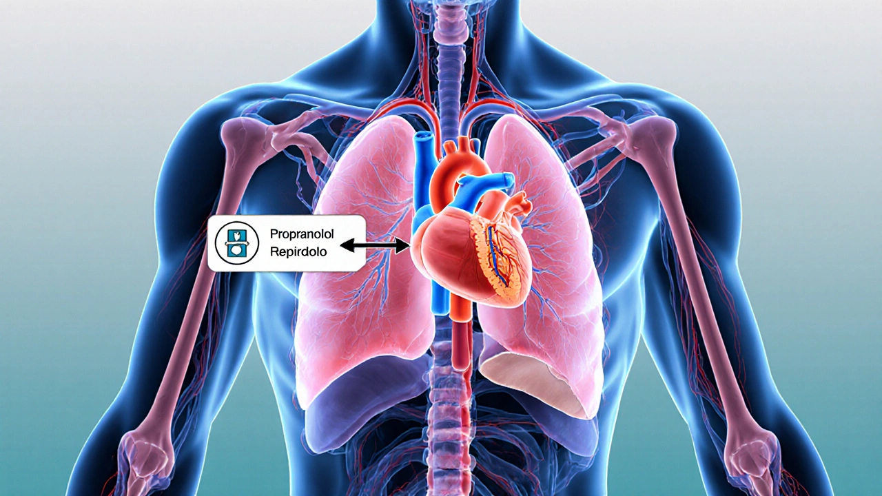 Illustration of heart and lungs showing non‑selective beta‑blocker action.