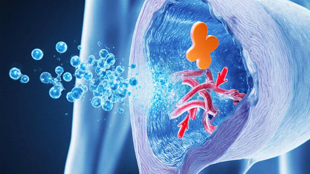 Illustration of nitric oxide release and sildenafil blocking PDE5, showing increased blood flow in a penis.