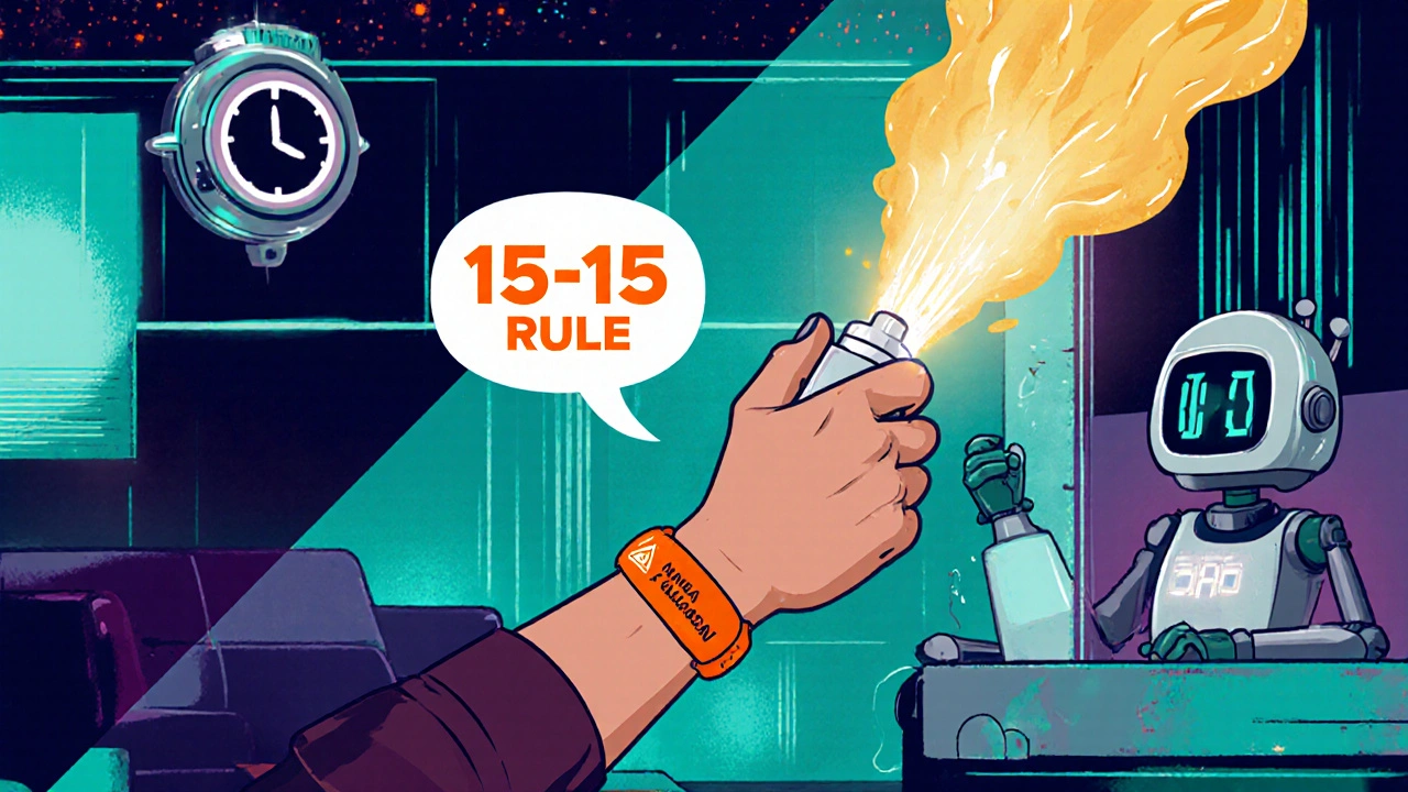 Individual uses nasal glucagon while CGM alerts flash, aided by a robot assistant.