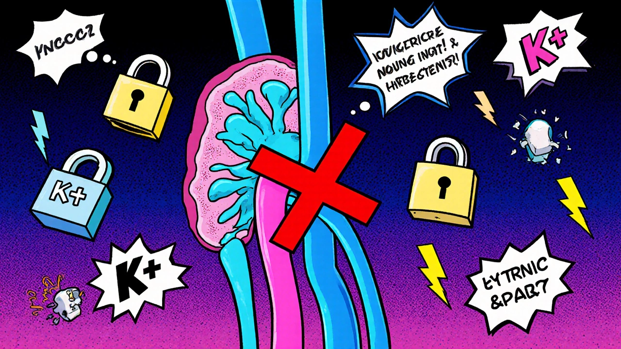 Kidney nephron loop showing NKCC2 blockade and diuretic icons in pop‑art style.