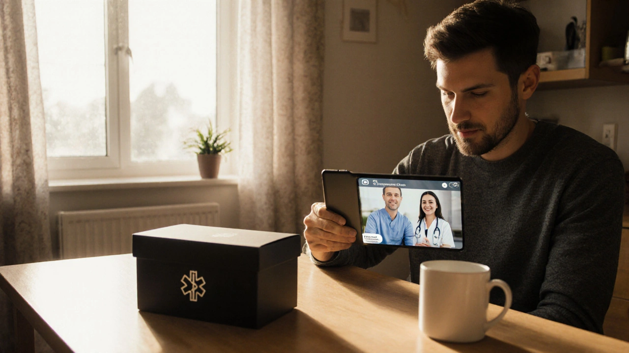 Man in living room on telehealth video call receiving a discreet boxed shipment of ED medication.