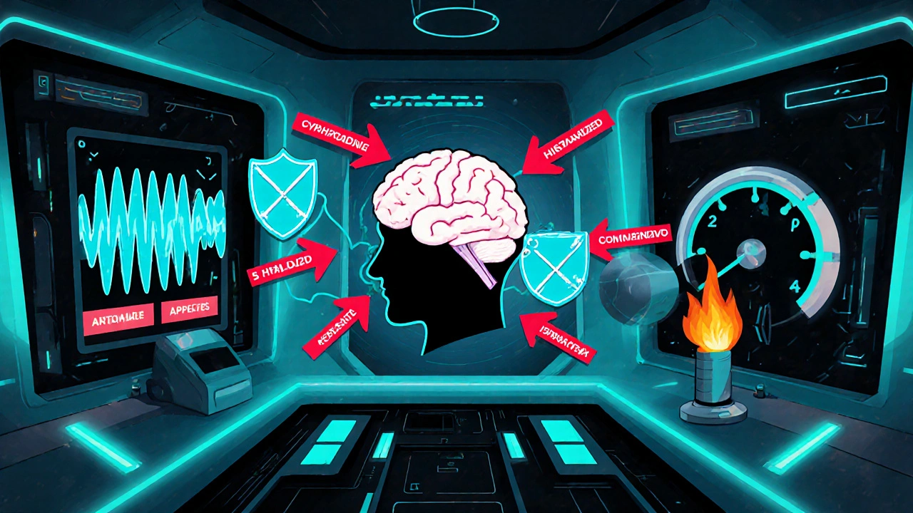 Neural control center showing Cyproheptadine blocking serotonin receptors and reducing inflammation.