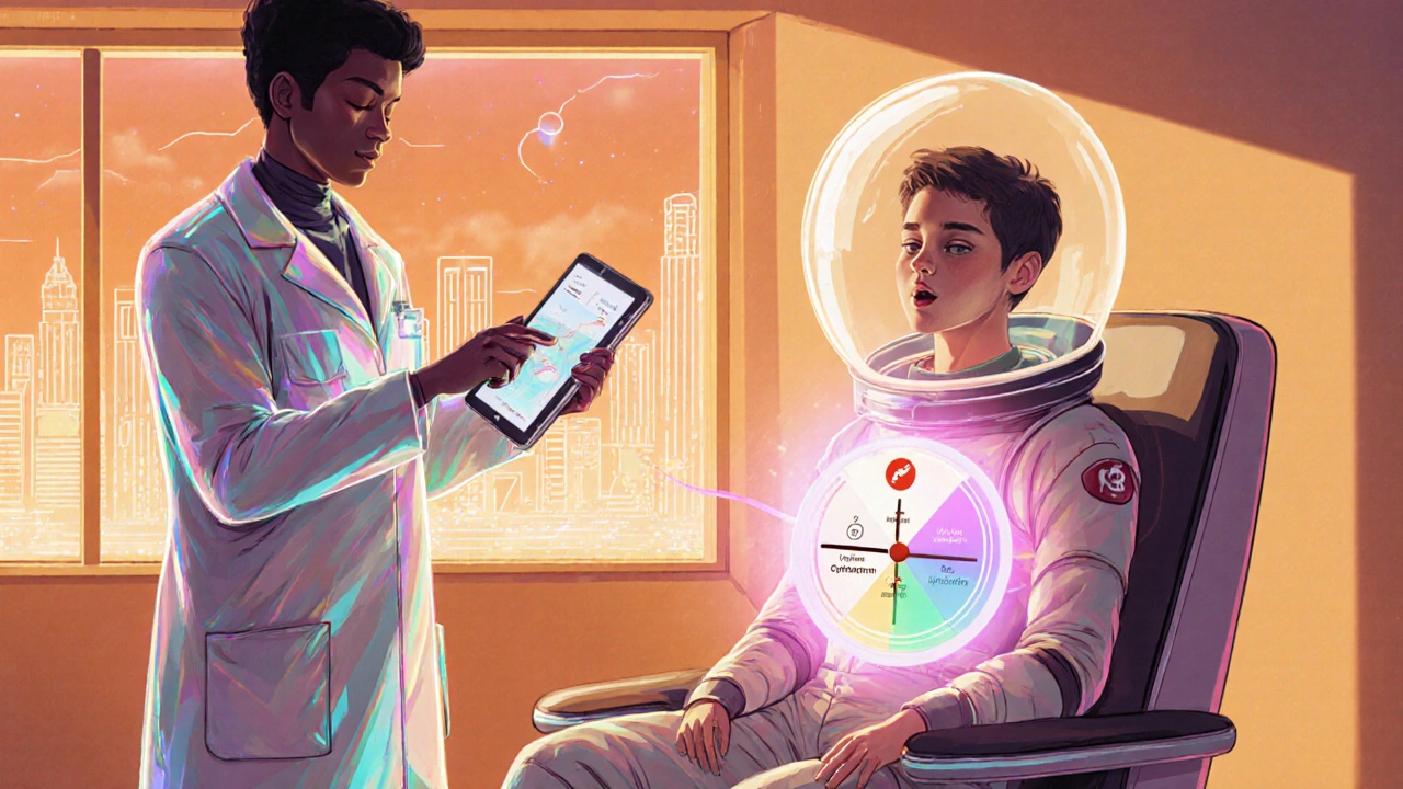 Patient in futuristic clinic smiling as mood, appetite, and sleep improve with Cyproheptadine.