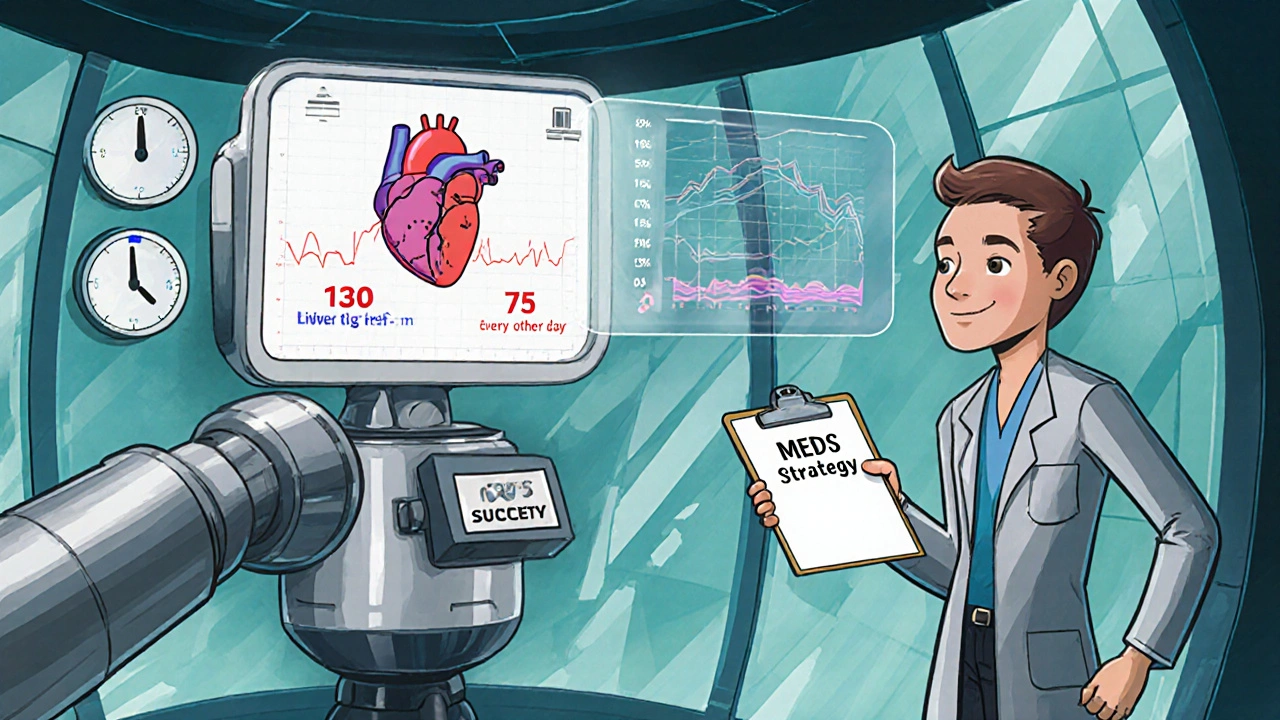Patient taking statin every other day in a futuristic clinic with holographic LDL charts and MEDS Strategy clipboard.