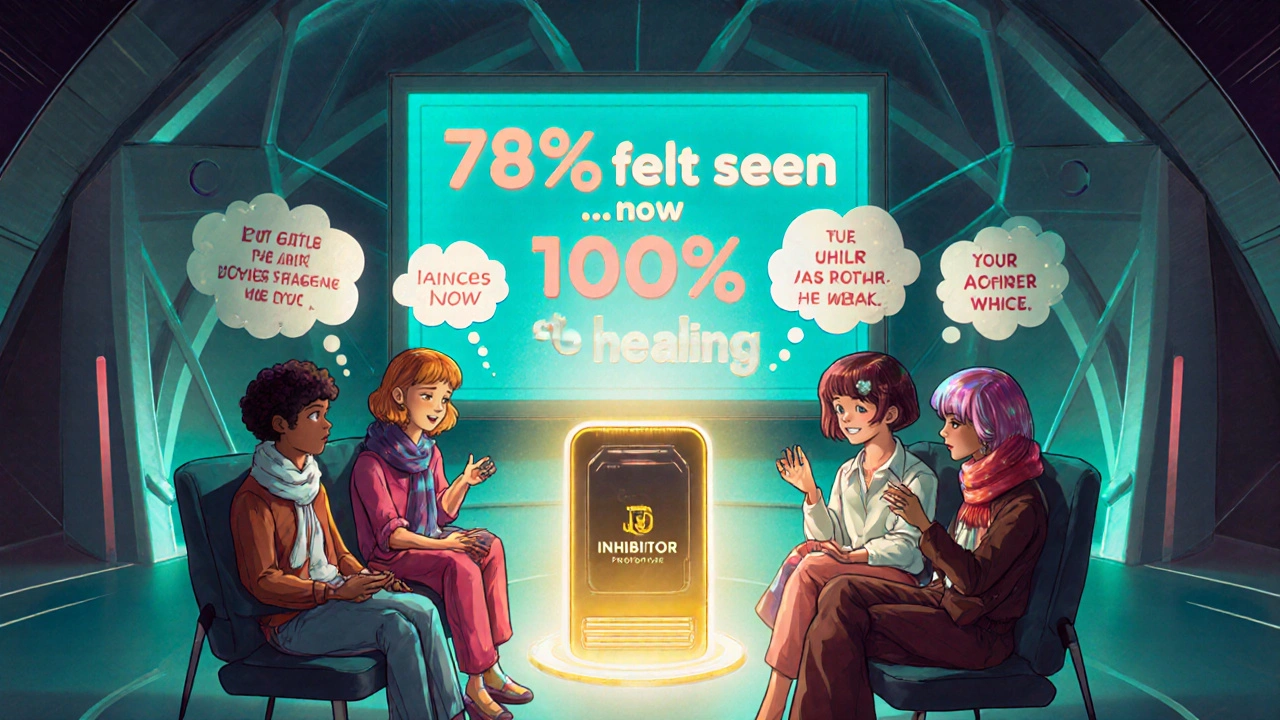 People in a glowing dome share stories about hair loss, wearing stylish wigs and scarves under a hopeful digital message.