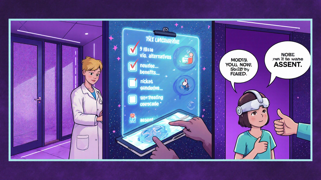 Retro‑futuristic comic panels showing a consent checklist, holographic aids, and child assent.