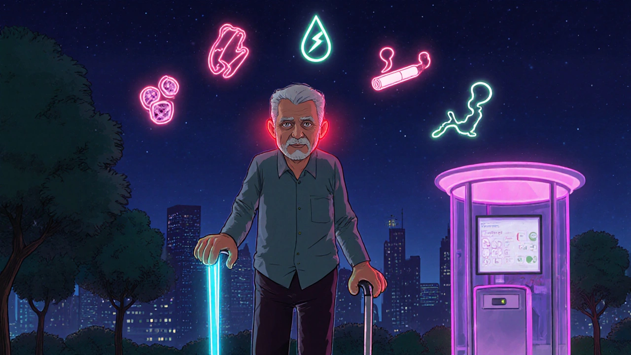Senior man feels jaw pressure in a neon park, surrounded by floating risk‑factor icons.