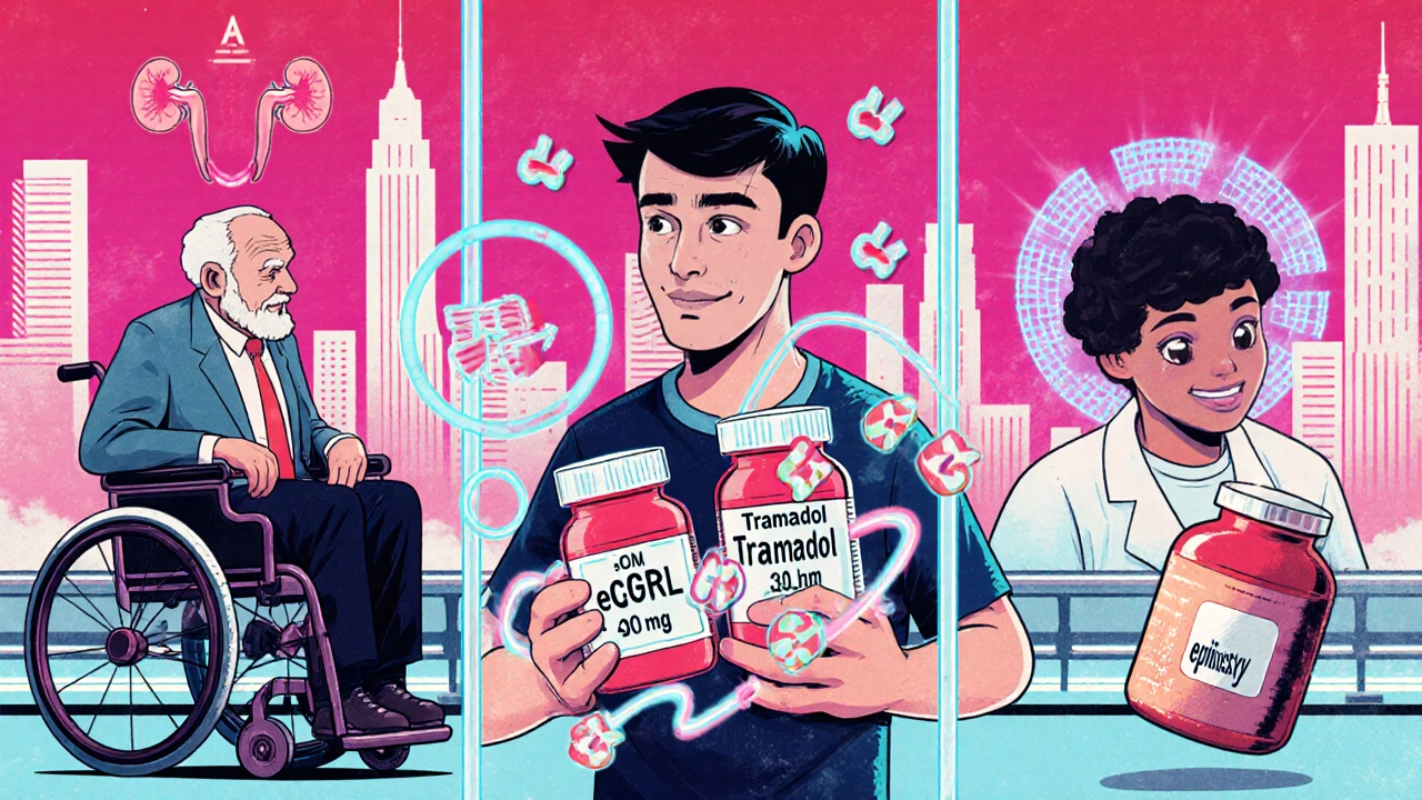 Split scene showing elderly with kidney issue, young adult high‑dose user, and epileptic patient.