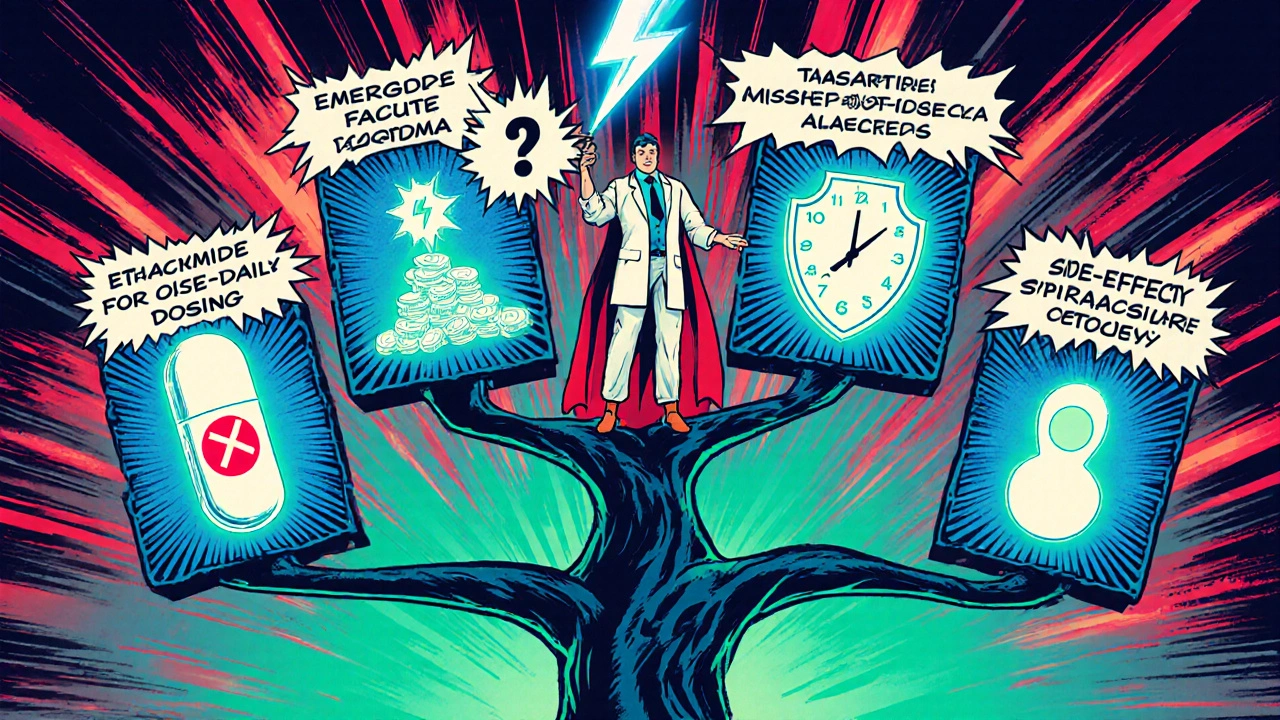 Superhero doctor balancing diuretic choices on a comic‑style decision tree.