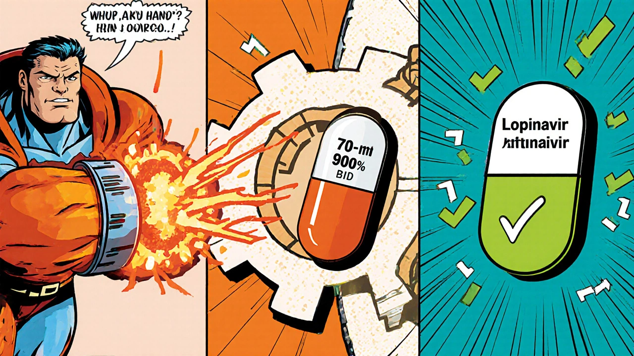 Three comic panels: Rifampin turbo‑charging CYP3A4, Lopinavir level drop, Dolutegravir dose increase.