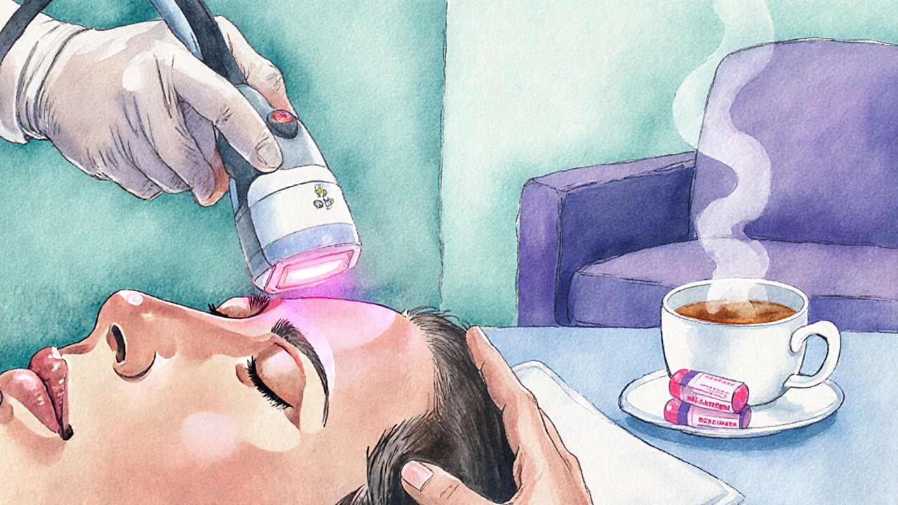 Watercolor of clinic scene with laser hair removal, medication, and therapist couch.
