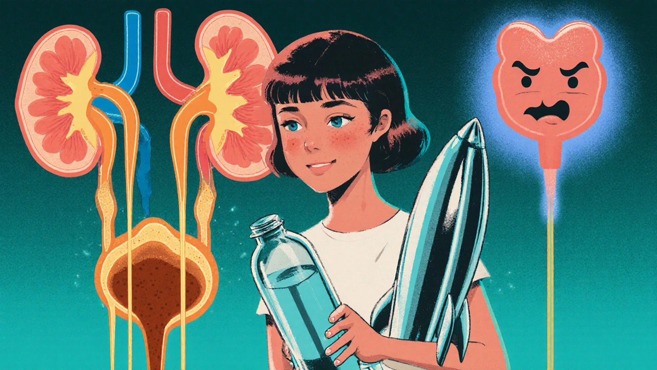 Woman drinking from a rocket-shaped bottle as urine color changes