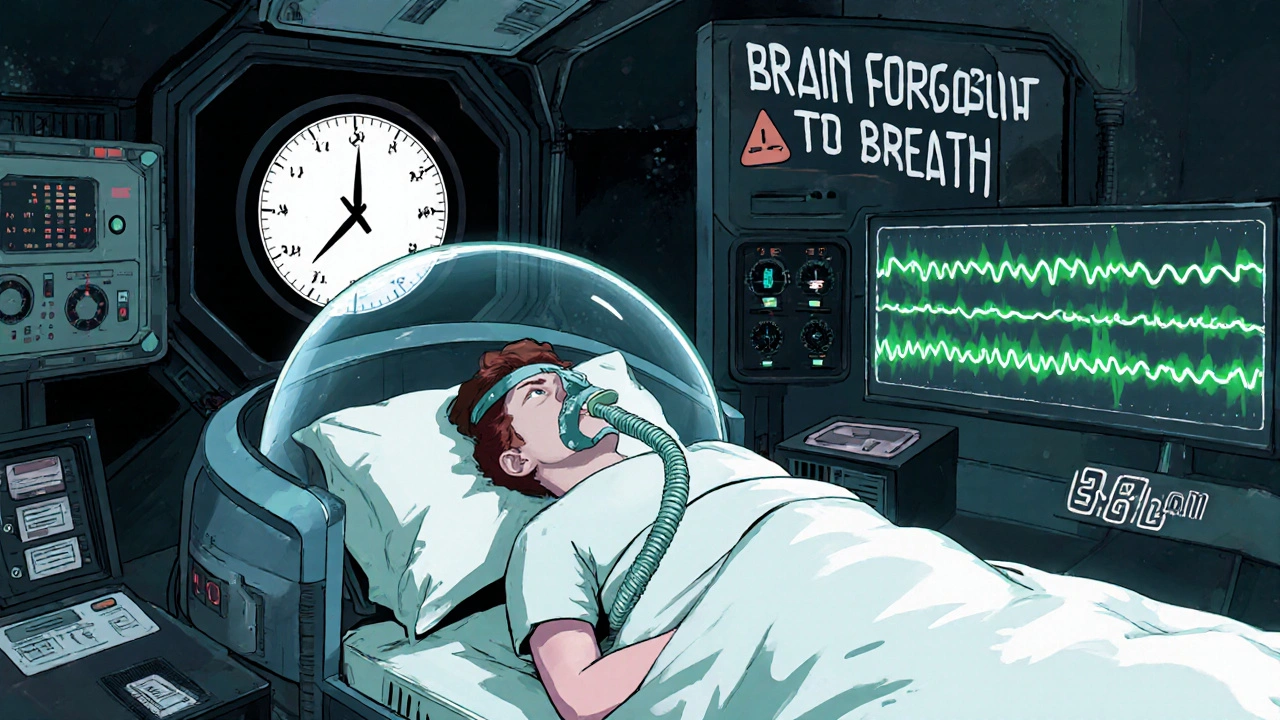 A 1970s-style sleep lab with holographic breathing patterns and a spaceship CPAP machine.