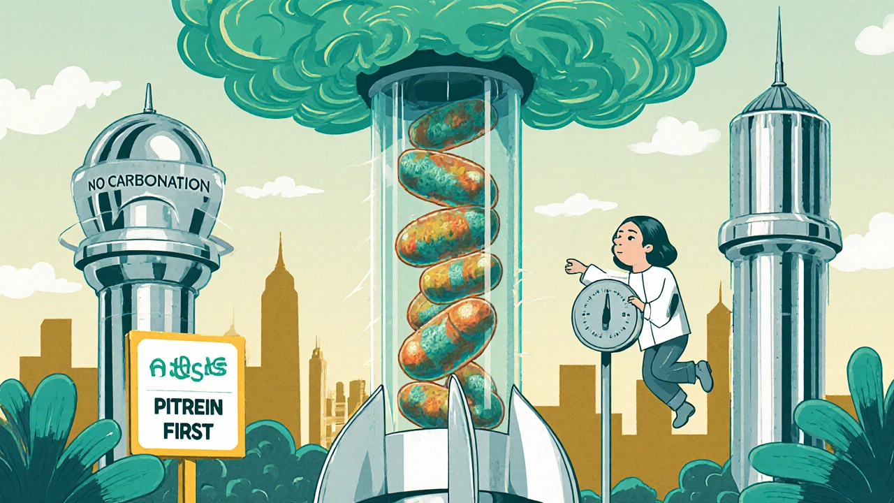 A cartoon digestive system shaped like a rocket slows down as a doctor adjusts titration, with dietary advice signs in the background.
