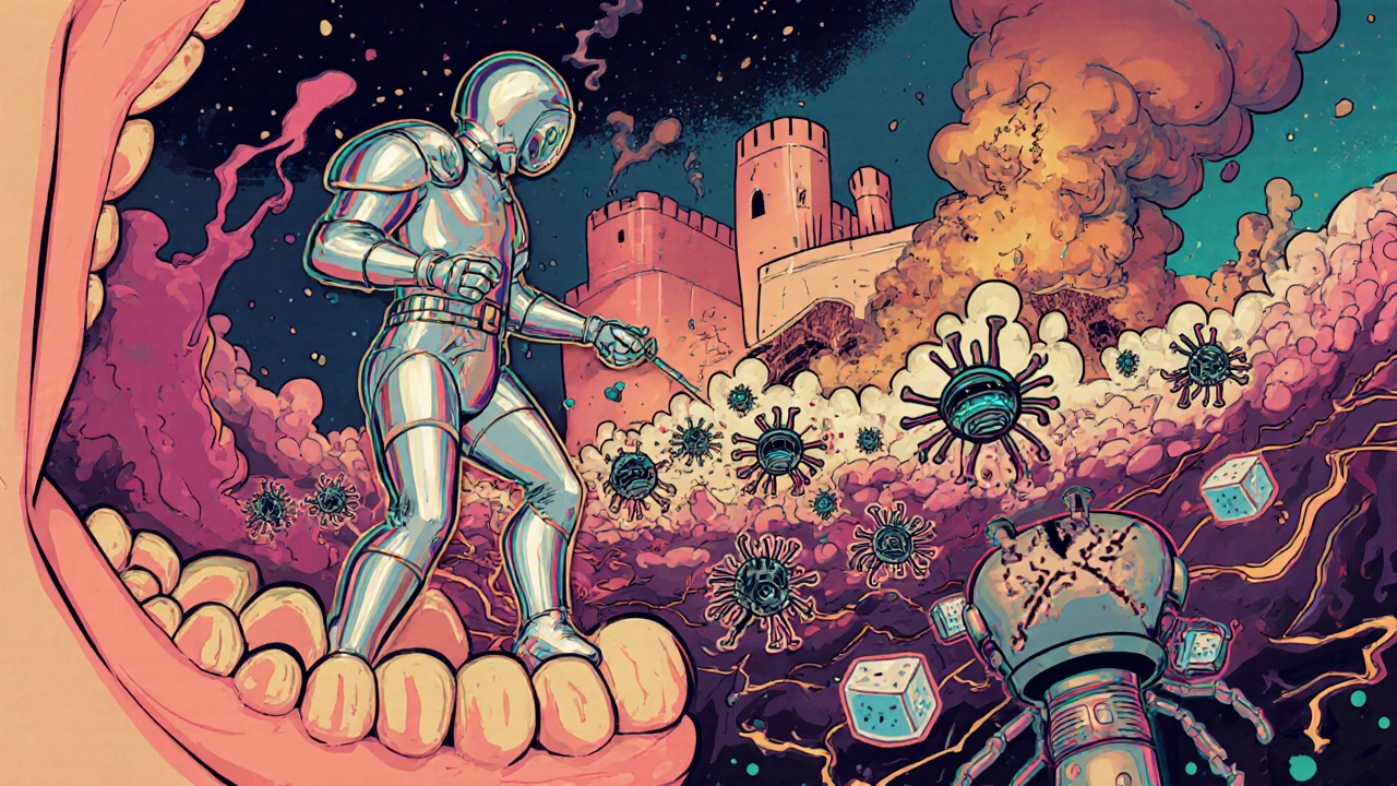 A cosmic battle inside a mouth with immune soldiers versus bacterial drones, sugar cubes burning, and a cracked tooth fortress.