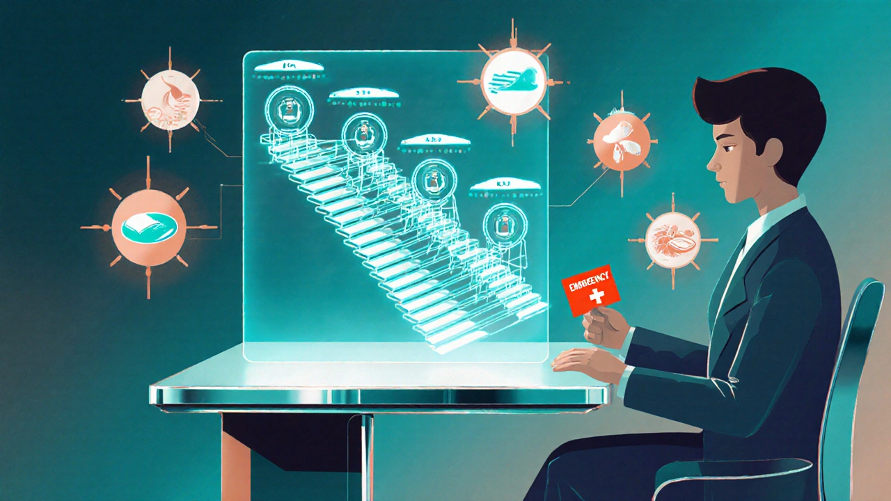 A doctor and patient view a holographic taper schedule with bio-circuit staircase, emergency card glowing nearby.