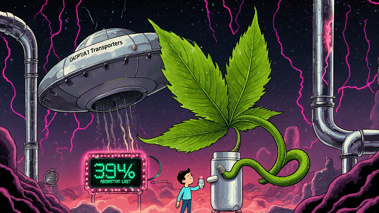 A giant green tea leaf blocking medication from entering the bloodstream in a glowing, retro-futuristic human gut scene.