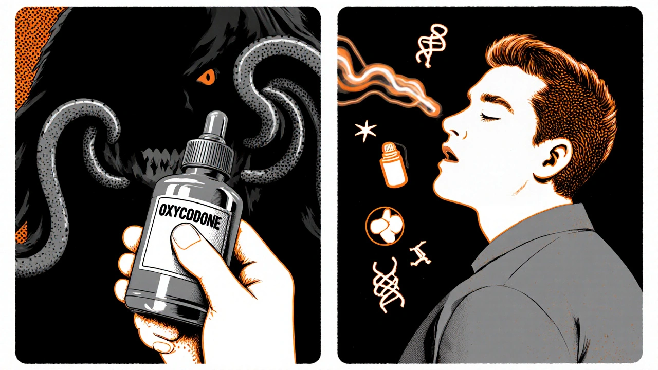 A man&#039;s shadow becomes a breathing monster as naloxone hovers nearby in retro-futuristic art.