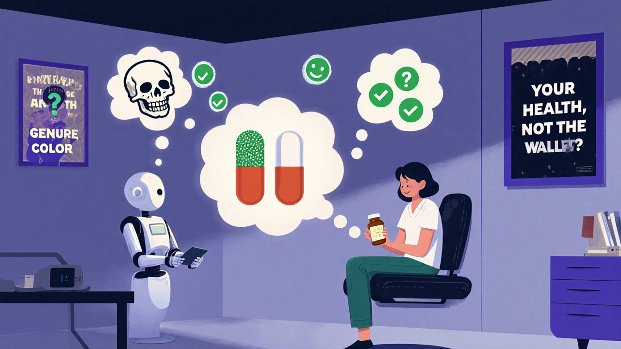A patient and robot assistant with a diagram showing identical medicine inside different-looking pills.