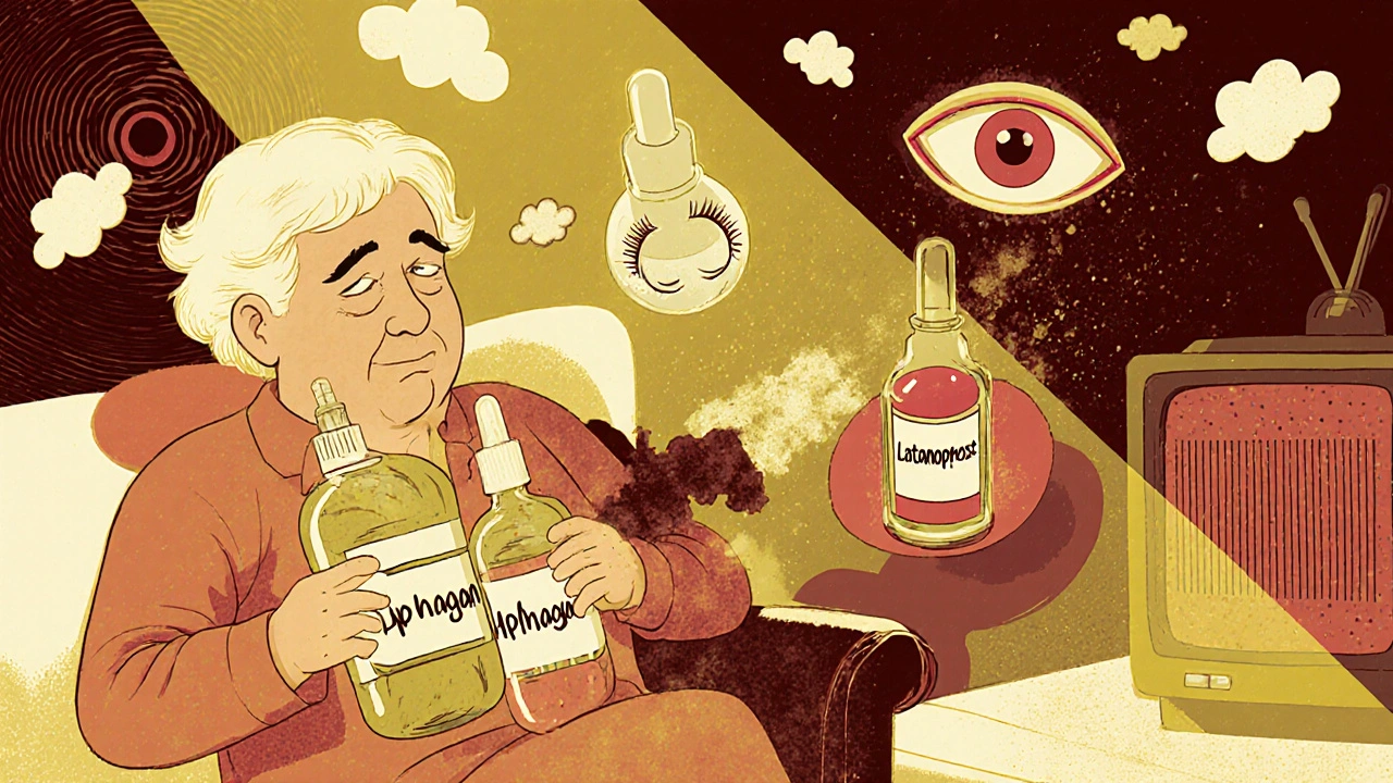 A patient choosing a single modern eye drop over three old bottles in a retro-futuristic room