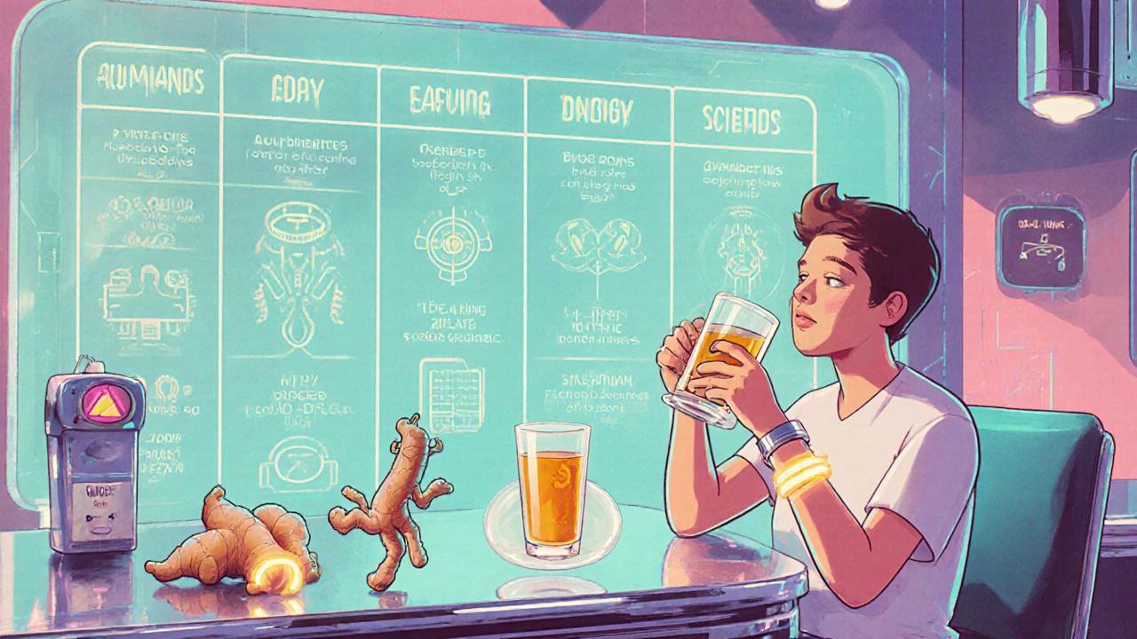 A patient sips ginger tea at a futuristic diner with glowing wristbands and dancing ginger robots in retro-futurist cartoon style.