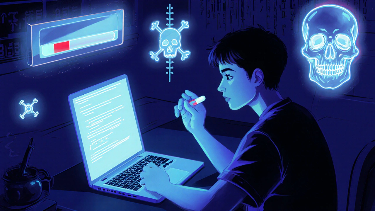 A person holding a pill with a glowing test strip showing a warning line, surrounded by lethal drug symbols in retro-futuristic style.