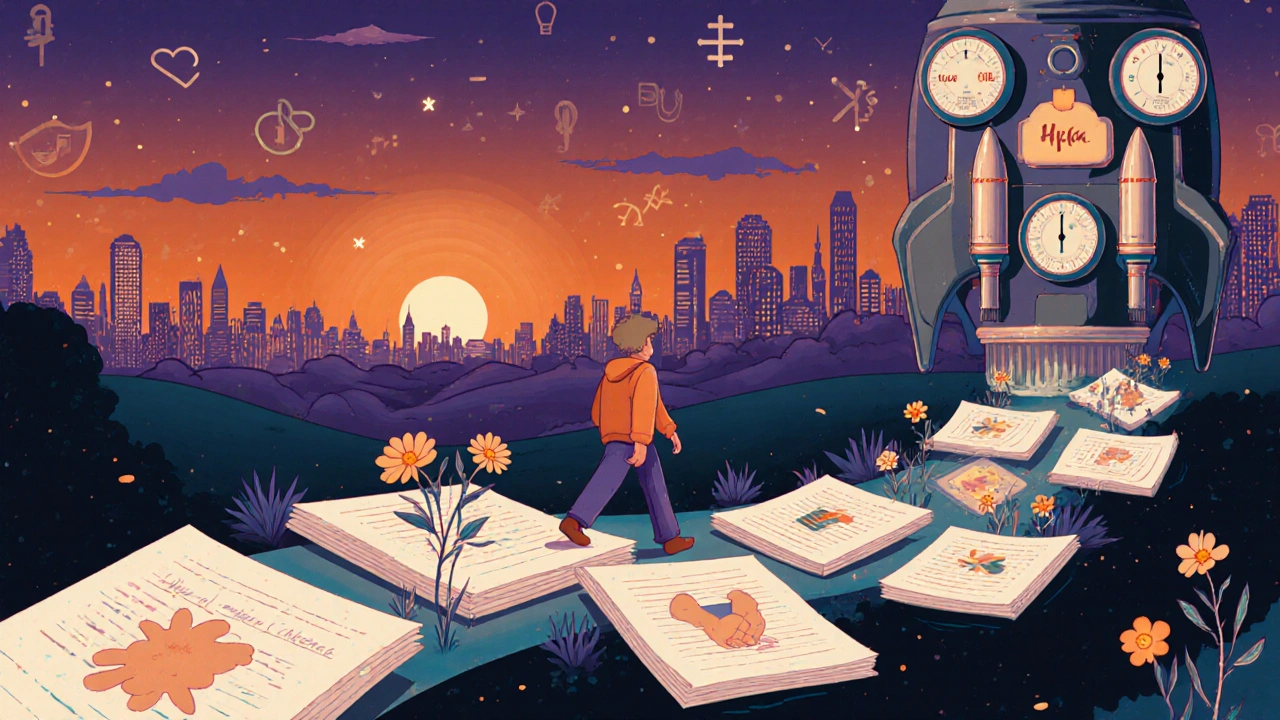 A person walks on floating journal pages as symptoms turn to flowers, with a retro-futuristic HPA axis adjusting above.