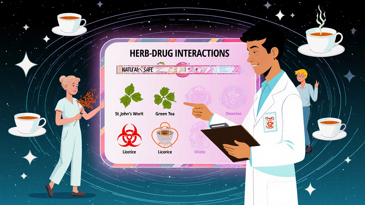 A pharmacist pointing to a hologram of dangerous herbal teas interfering with prescription medications in a retro-futuristic lab.