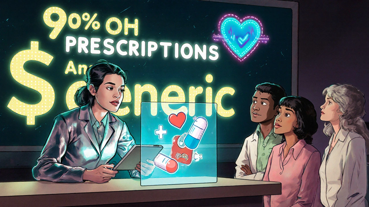A pharmacist using a hologram to show brand and generic pills side by side, with patients watching in awe.